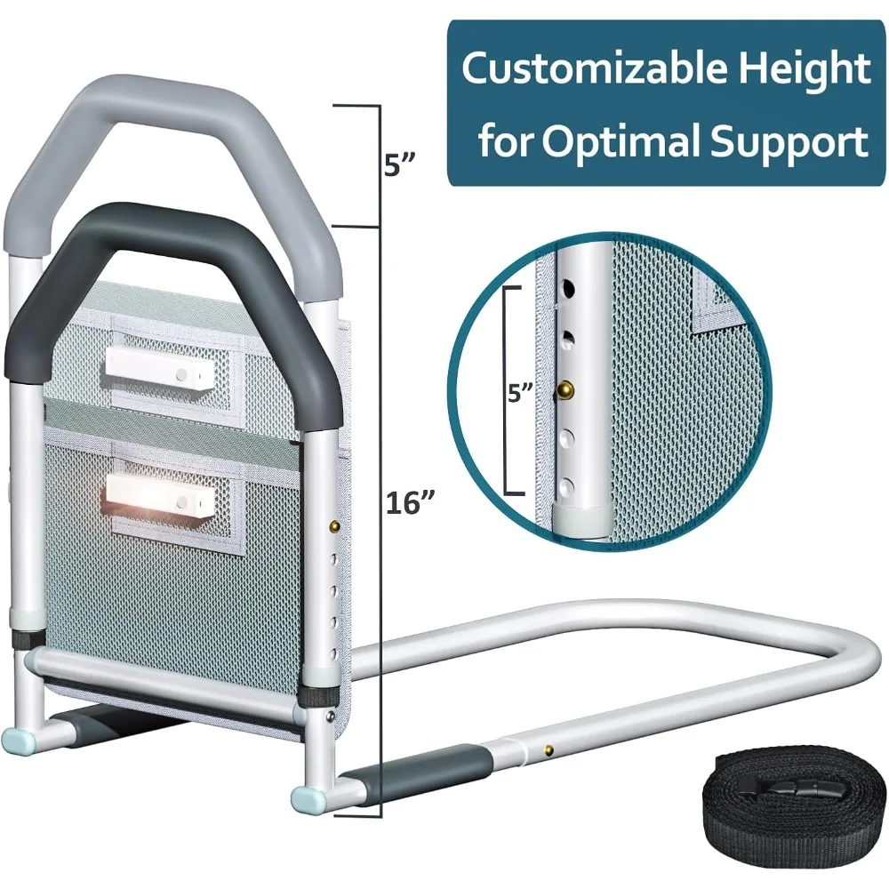 Bed Rails for Elderly Adults Safety - with Motion Light & Storage Pocket - Adjustable Bed Assist Rails,Tool-Free Assembly