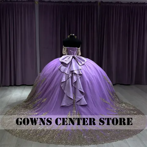 Lila Korsett Quinceanera Klänningar Bara Axlar Pärlor Guld Spets Applikationer Rosett Volanger Balklänning Mexikansk Prinsessa Anpassad 10 best sales lila balklänning - №7