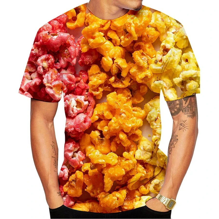 Summer Fashion New Popcorn Fun Pattern Men's Printed T-shirt Street Harajuku Short Sleeve Plus Size Round Neck Top