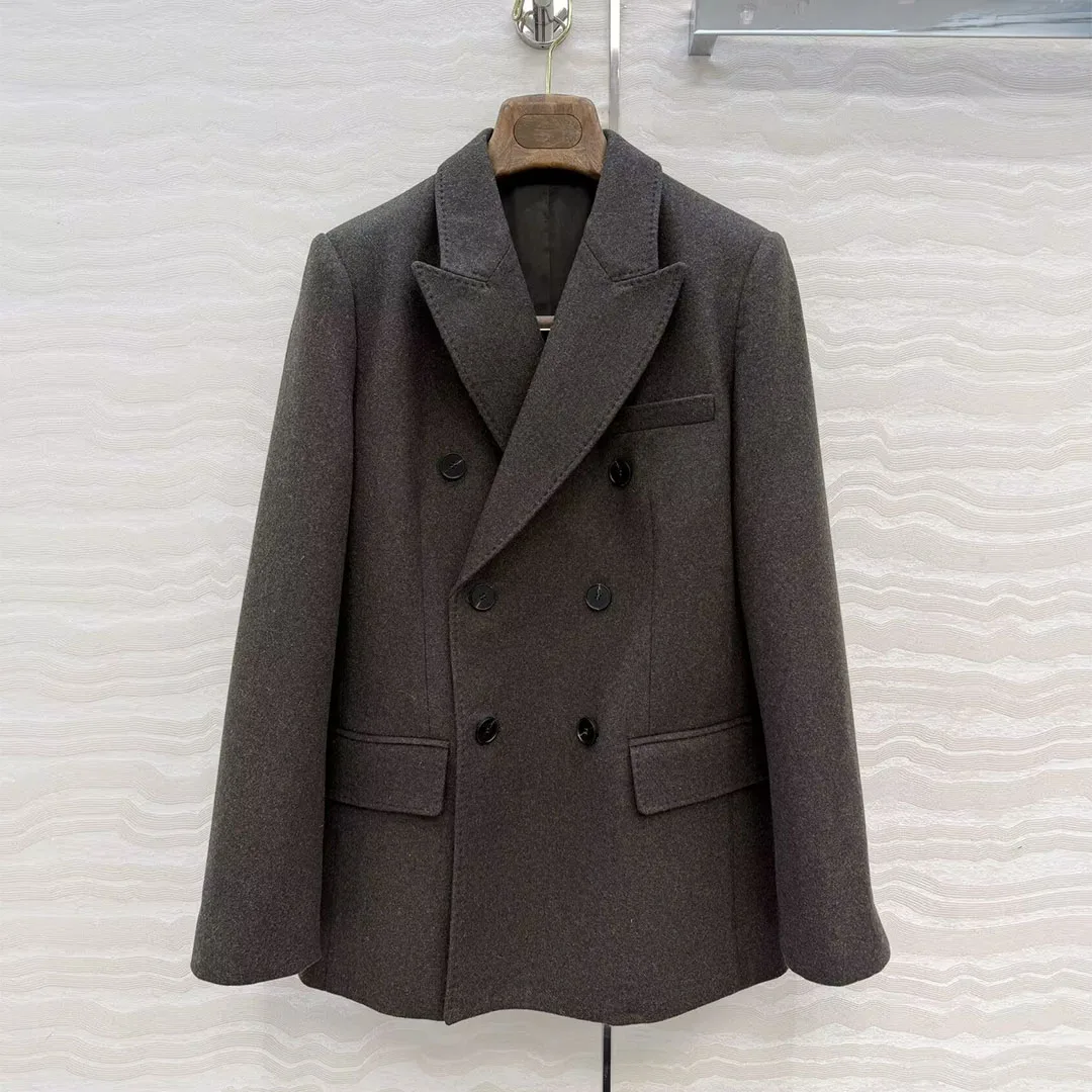 

Elegant Lady Fashion Winter Woolen Blazer Women Notched Long Sleeve Double Breasted Office Workwear Vintage Suit Jacket