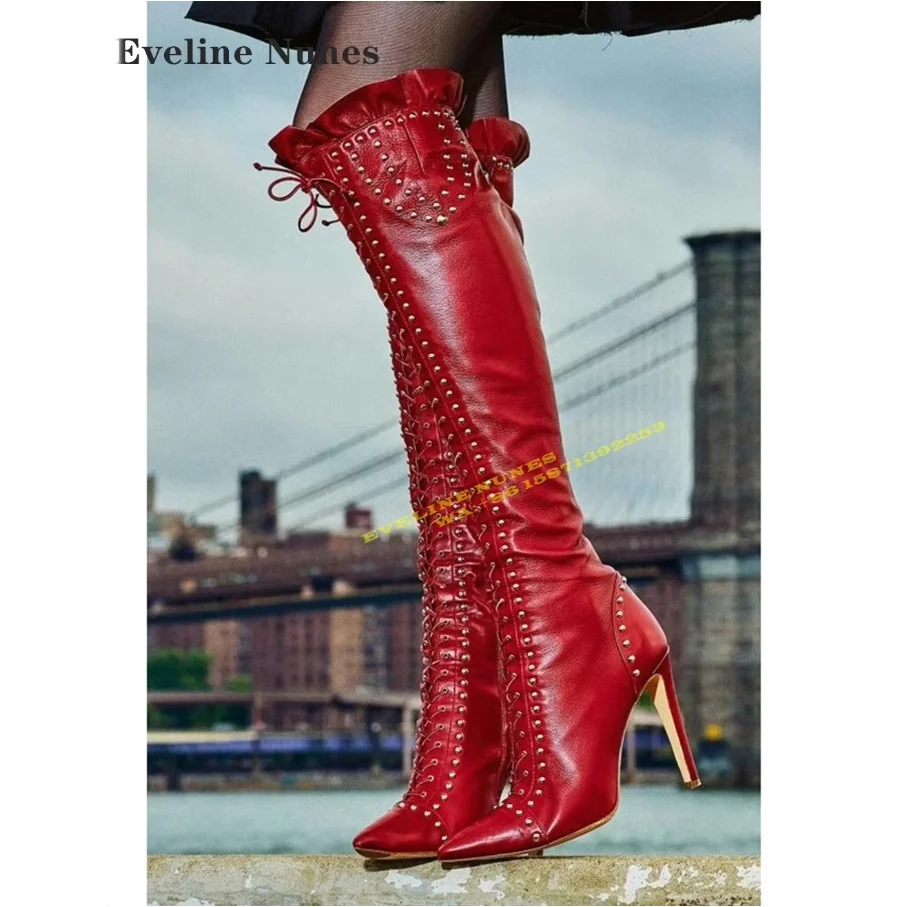 

Red Cross Tied Rivet Over The Knee Boots Pointed Toe Stiletto Side Zipper Pleated Ruffles Sexy Modern Boots Runway Show Newest