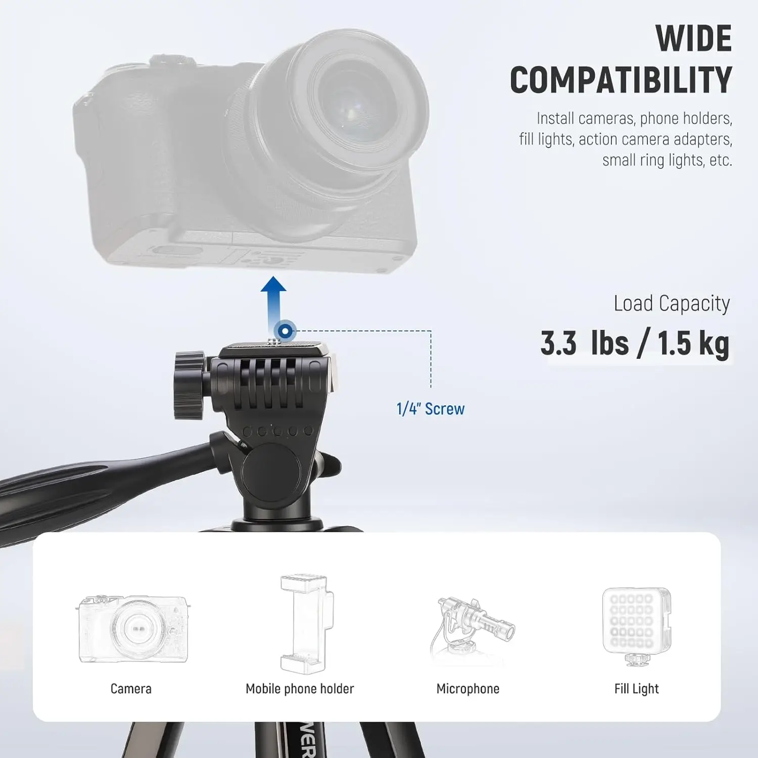 NEEWER Einstiegsversion, Stativ für Handy und Kamera, Metall, leicht, tragbar, Reiseständer für Videoaufzeichnung, Filmen – Detail 3