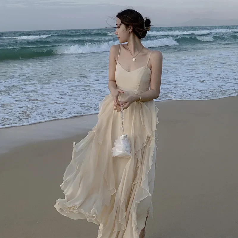 2021 New Chiffon Summer Dress Women's Beach Vacation Dress Korean Supernatural Tank Sand Beach Long Dress Sleeveless