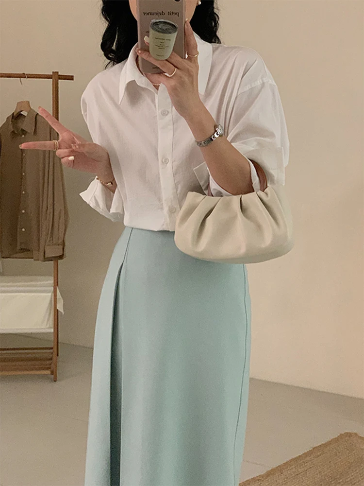 

Spring New Solid Color Simple Basic Open Shovel Fashion Casual Street POLO Collar Cardigan French Korean White Long Sleeve Top