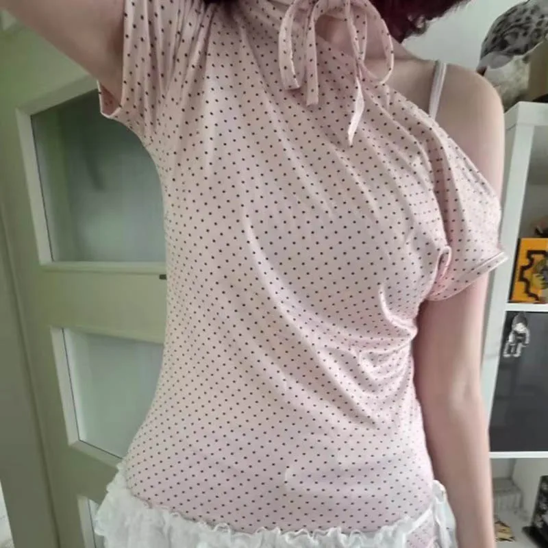 2026 New Women Sweet Polka Dot Halter Top Backless Knot Slim Fit Short Sleeve Tee Fashion Casual Streetwear Tops