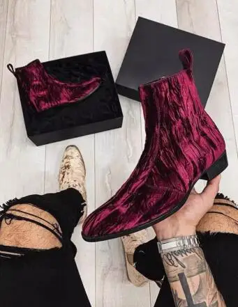 New Man Burgundy Velvet Pointed Toe Zipper Side Low Heels Ankle Boots Male High Top Comfortable Short Boots Shoes Drop Shipping