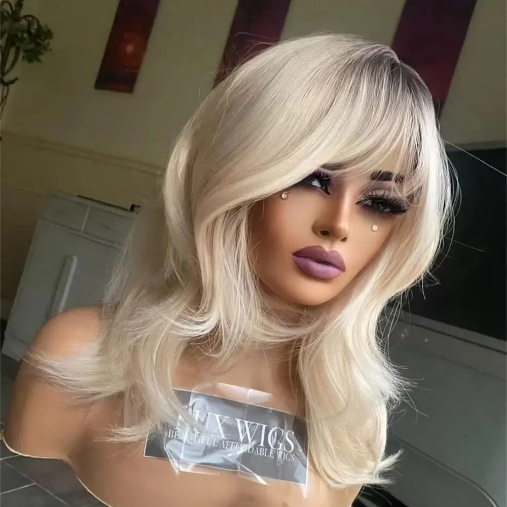 Cosplay Daily Party Wear Ombre Creamy Blonde Synthetic HD Lace Front Wig High Density Wig Short Wave Bob with Bangs 14 Inches