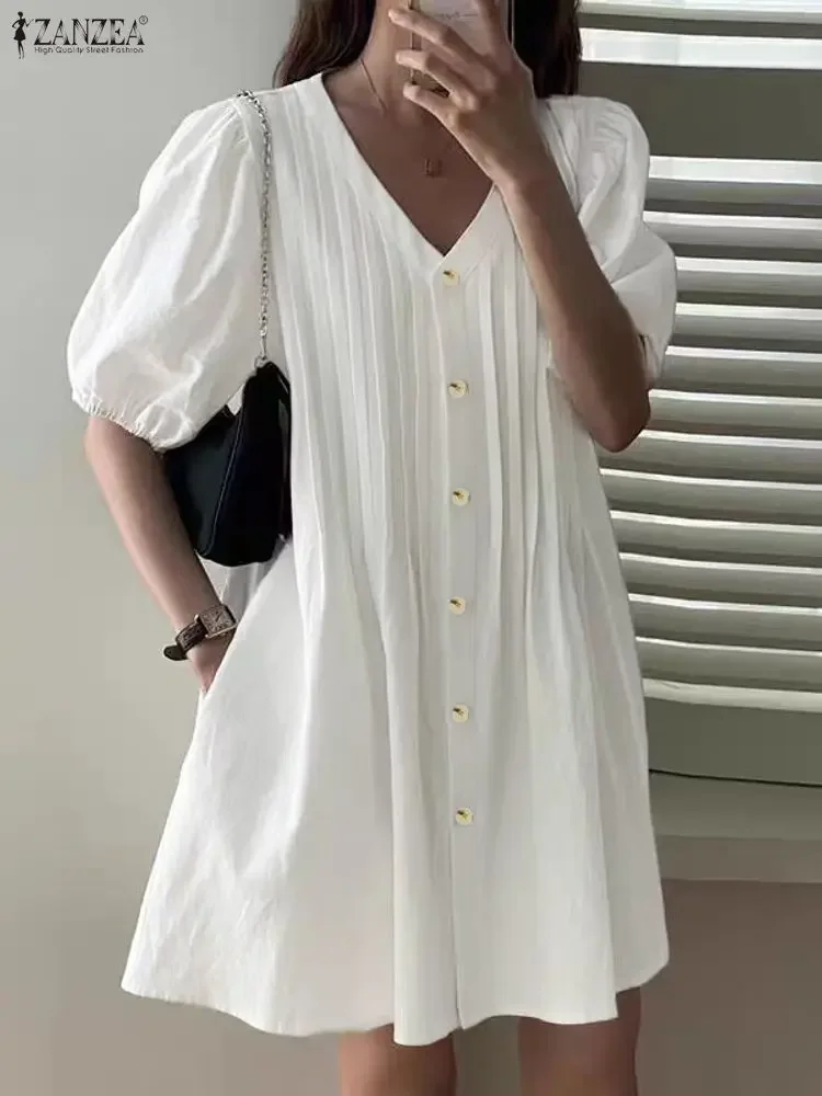 2025 ZANZEA Abiti estivi da donna Mini vestito estivo sexy Moda manica corta a sbuffo Bottoni con scollo a V Abiti corti a pieghe oversize