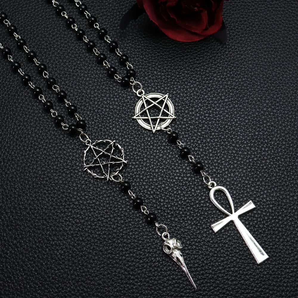 Colar de Rosário com Ankh e Pentagrama, Joia de Rosário Pagão Wicca com Contas Pretas, Presente para Mulheres, Joia Simples e Elegante