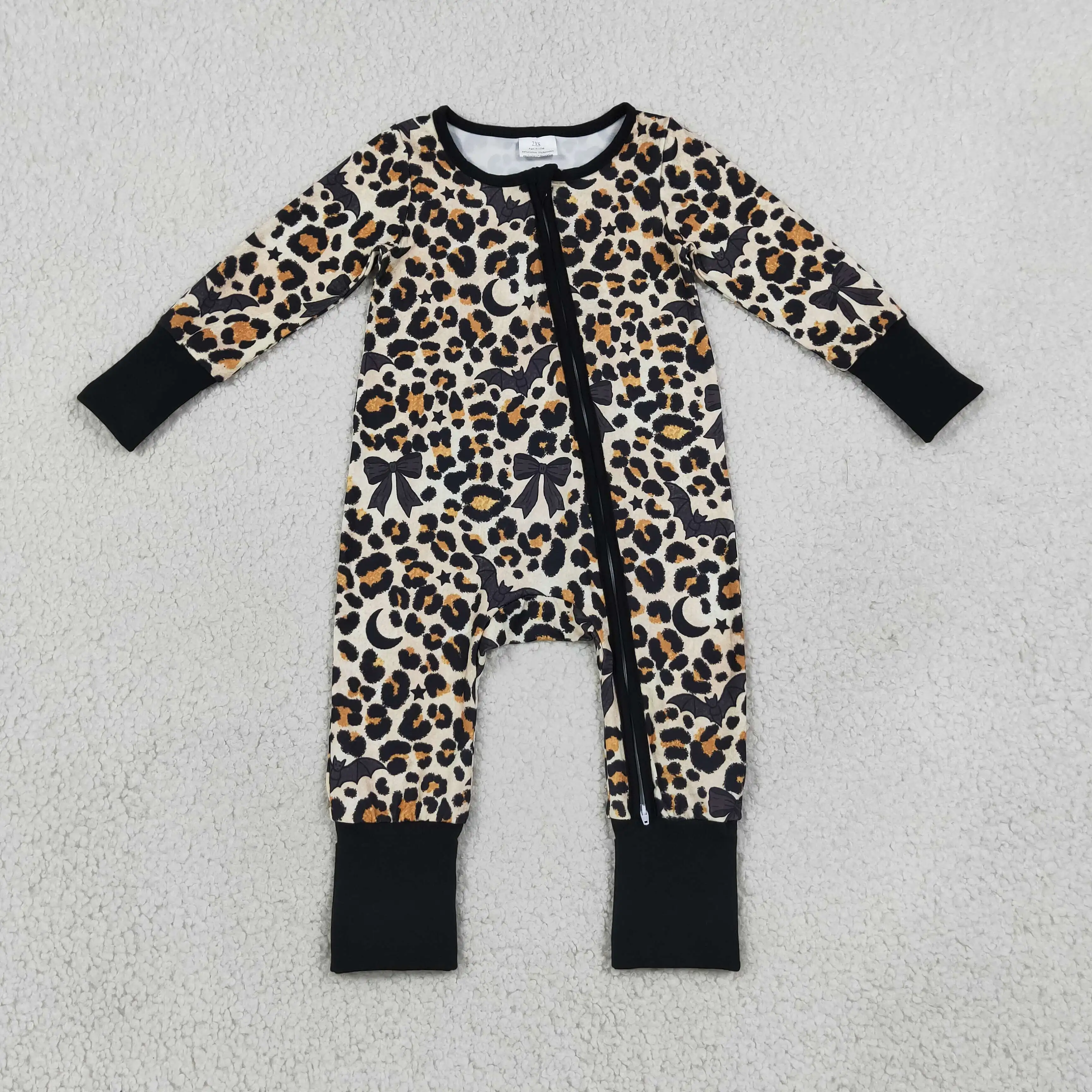 Children Newborn Halloween Leopard Zipper Romper Girl Infant Long Sleeves Bats Bows Clothes Girls Baby Kids Toddler Jumpsuit