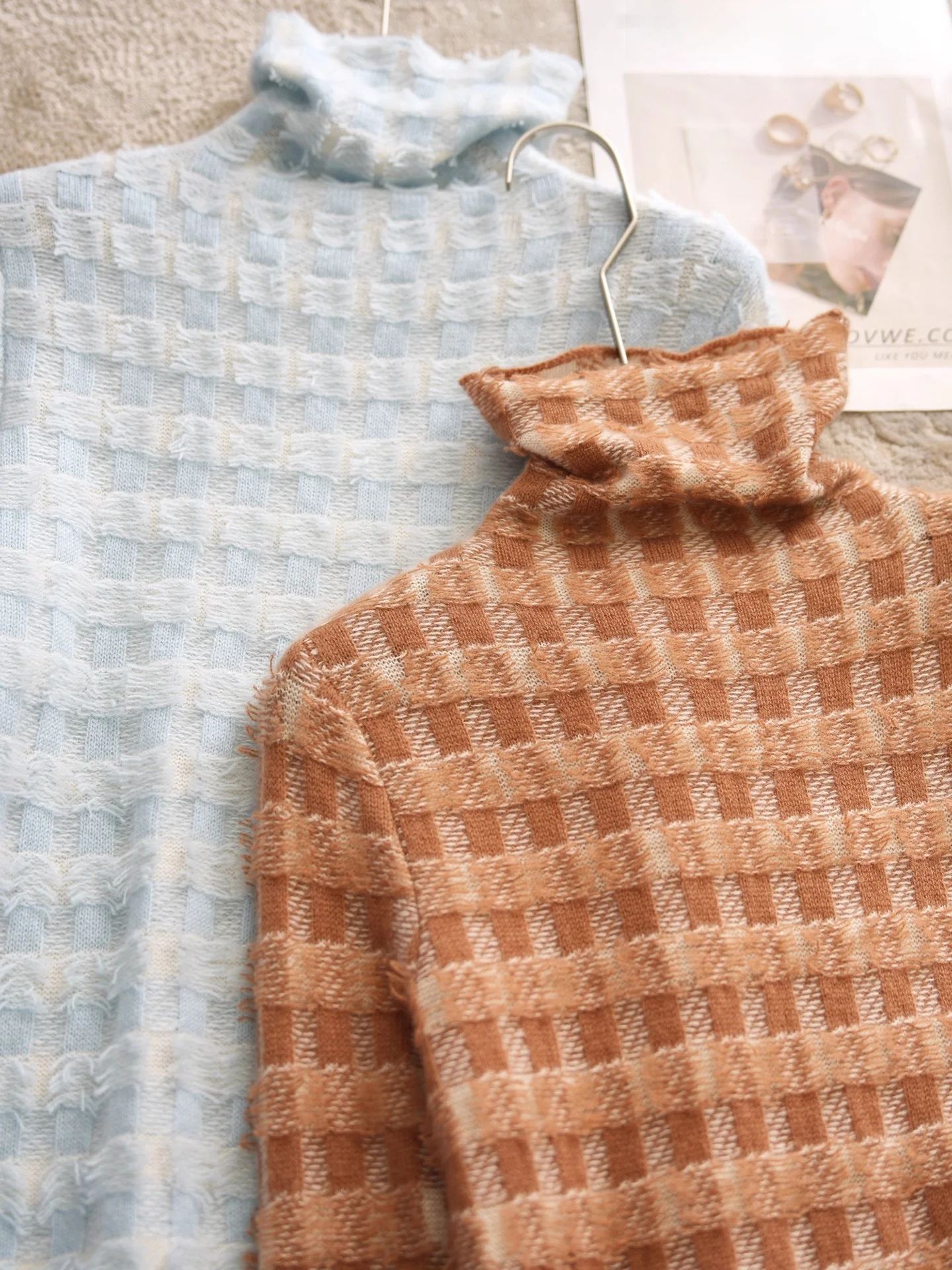 

Classic Fashionable Plaid 100% Cashmere Tassel Trim High Neck Knitted Sweater Base Layer Woolen Sweater for Women Commute Style
