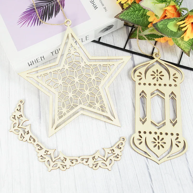 

1Pc EID Mubarak Wooden Ornament Star Moon Hanging Pendant With String DIY Craft For Muslim Ramadan Kareem Home Party Decorations