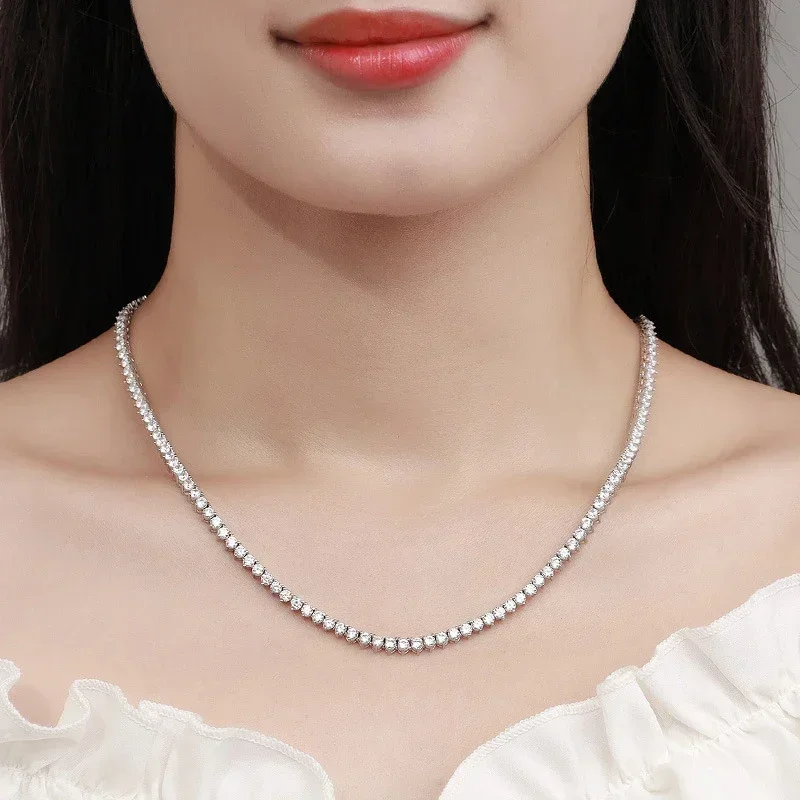 NeeTim Moissanite Tennis Necklace 3 Claw 925 Sterling Silver Plated 18k White Gold Sparkling Lab Diamond Necklaces for Women