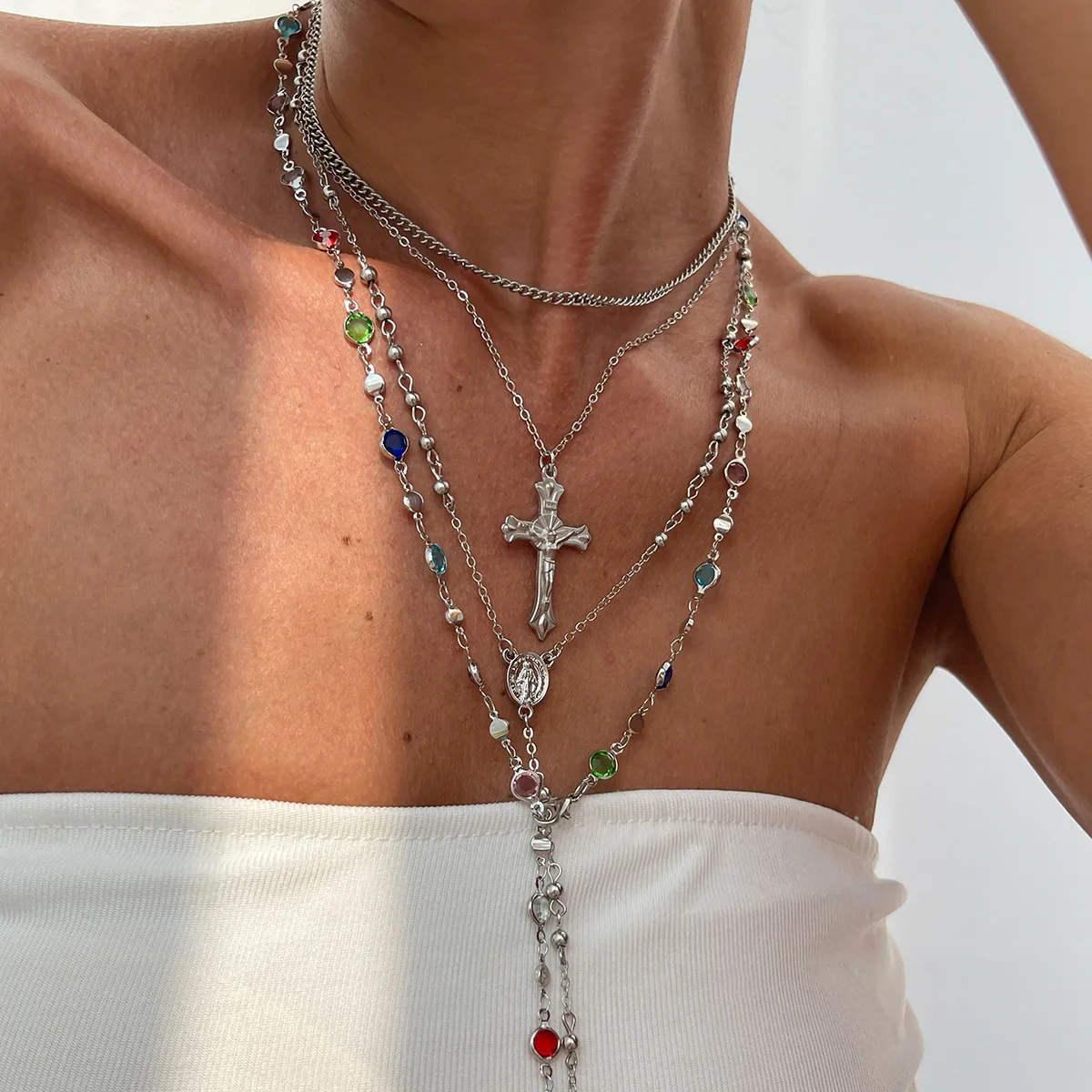 Kreuz Bunte Kristall Halsketten Für Frauen Einfache Gold Silber Farbe Y-Förmigen Anhänger Halskette Set Neue Christian Schmuck