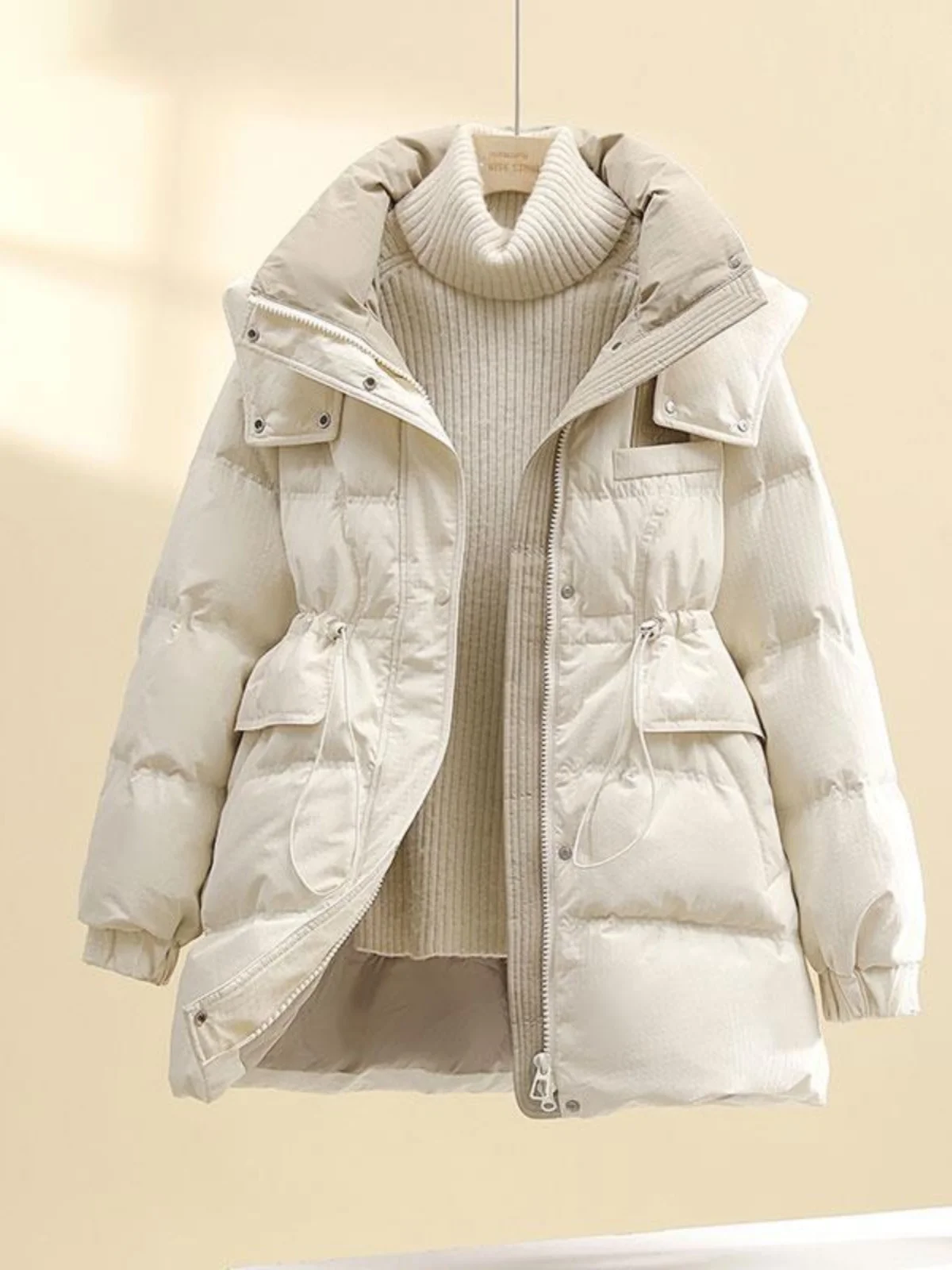 Trendy Women's down Cotton Jacket Waist-Cinching Winter Coat Loose Comfortable Warm Fashionable Zipper Closure Long Sleeve