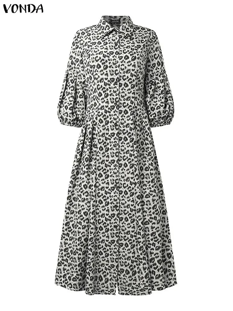 Платье больших размеров VONDA, модное платье макси с леопардовым принтом, женское осеннее платье-рубашка с рукавами-фонариками, плиссированное элегантное вечернее платье