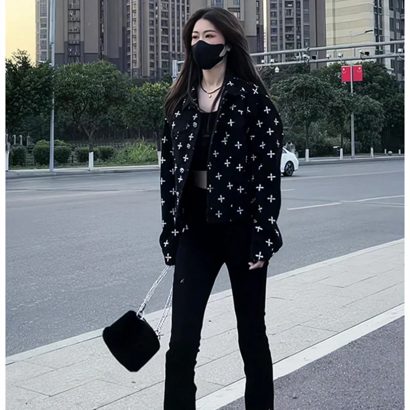 Retro Cross Flower Denim Black Coat for Women's Spring and Autumn 2023 New Korean Edition INS Loose Casual Versatile Top