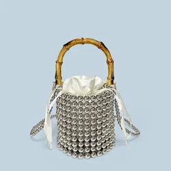 New niche design drawstring bucket bag, pearl chain bag, hand-held bamboo bag, hand woven crossbody bag
