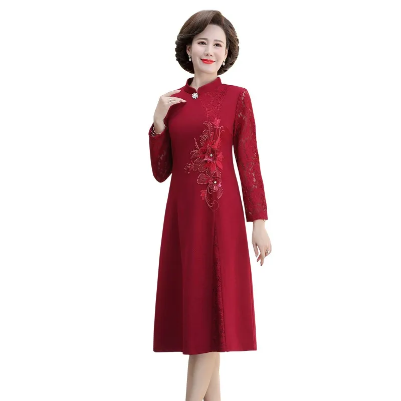 

High Quality Women Autumn Elegant A-Line Dress Office Lady Lace Sleeve Patchwork Robe flowers Femme Vintage Designer Party