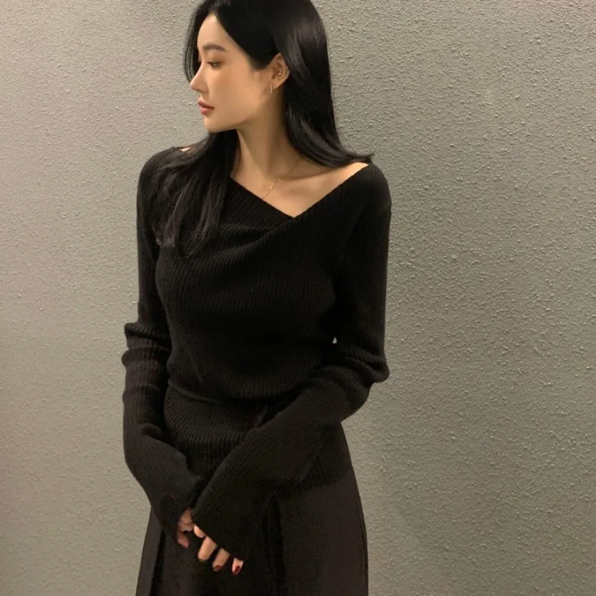 

Women's Chic V-Ne Knitted Sweater Long Sve Slim Fit Belted Pure Color Lazy Autumn Winter Design Sense Faion Top