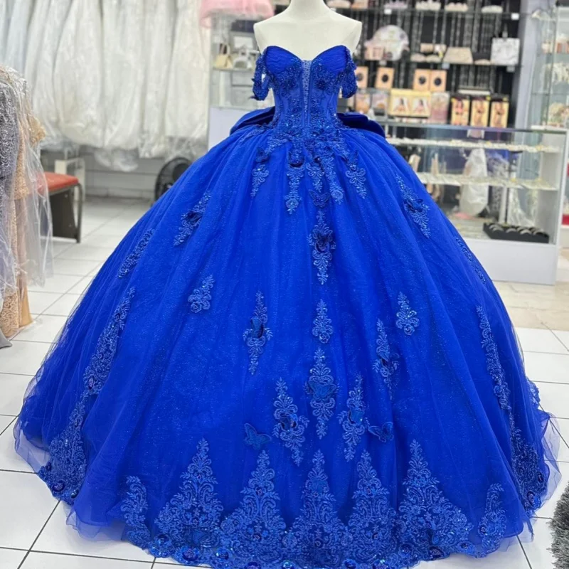 

Royal Blue Quinceanera Dress off-shoulder Glitter 3D Flower Decal Long tail Bow vestidos de 15 Quinceanera ﻿Customized