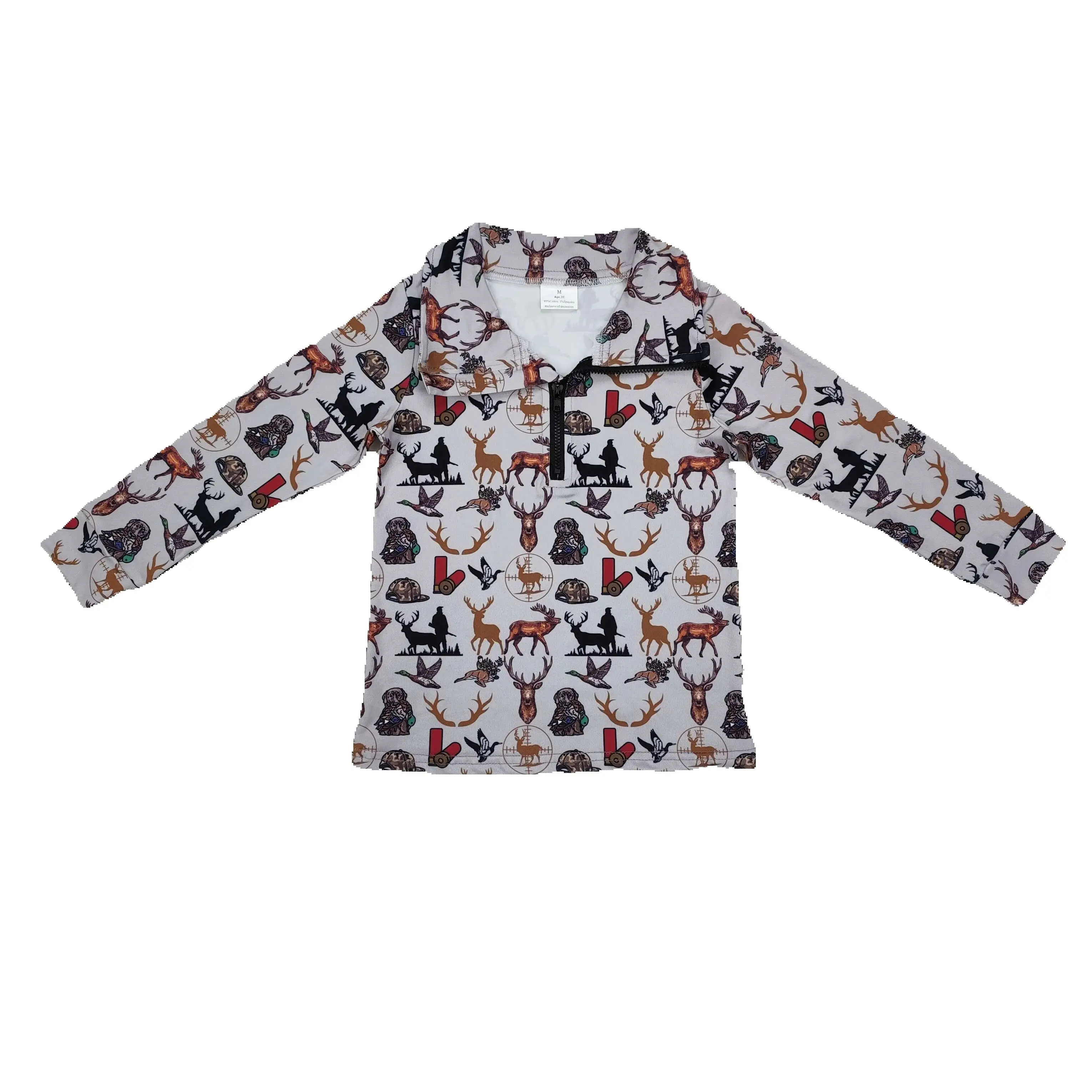 

BT0954 Fashionable Kids Boys Clothing Long Sleeve Elk Puppy Hunting Gray Zipper Print With Children Clothes rts no moq