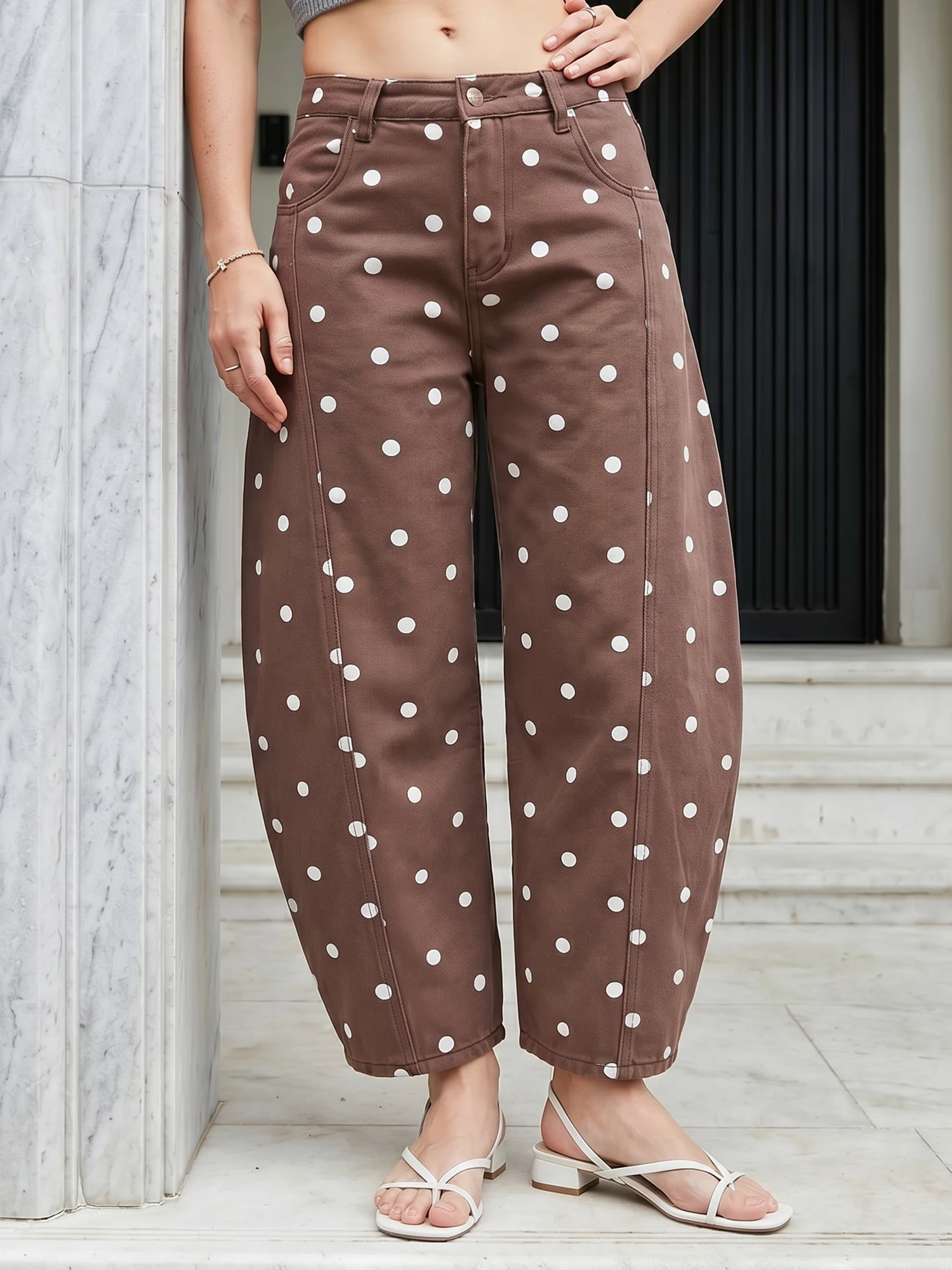 Women s Wide Leg Jeans Dot Print Loose Fit Denim Pants with Pockets