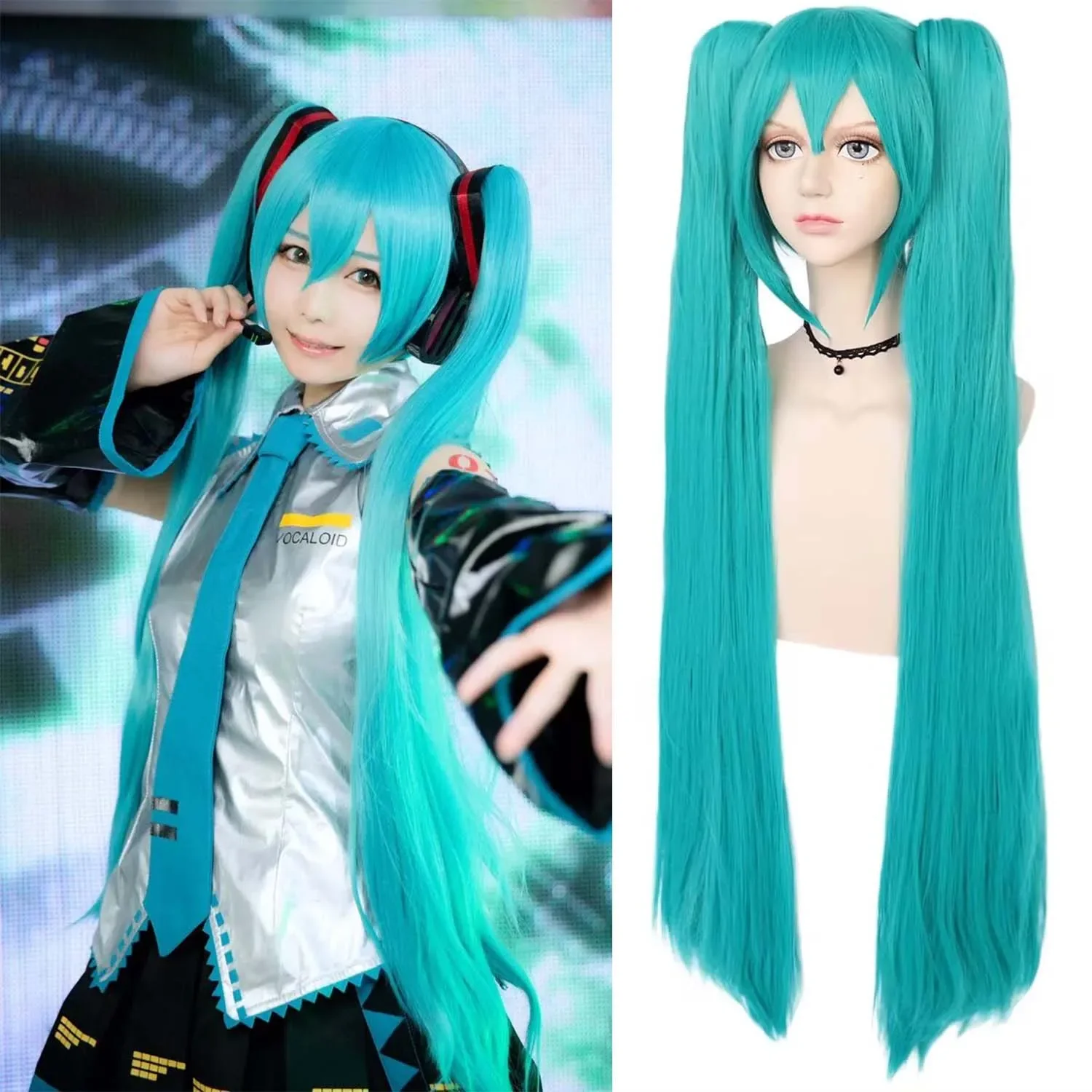 

Synthetic Green Wig Cosplay Green Teal wig Double Ponytail Wig Long Green Wig With Bangs Straight wig Kawaii Wig Miku Wig