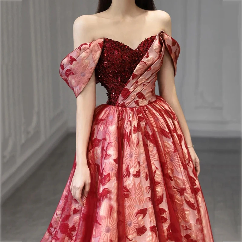 Female Qipao Sexy One Shoulder Evening Party Dress Toast Clothing Burgundy Print Flower Formal Party Dress Mesh Maxi Dress