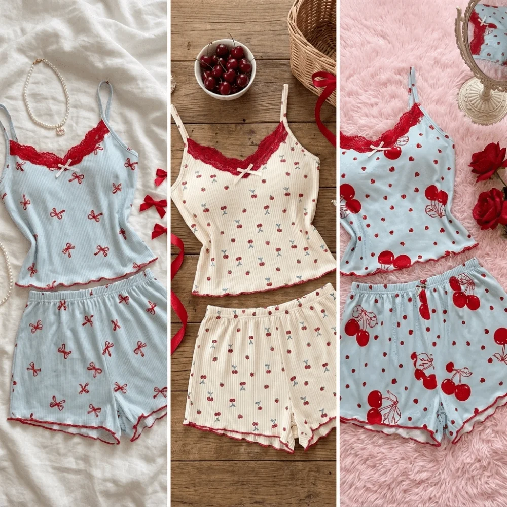 1 Set Lace Trim Pajama Set Spaghetti Straps Elastic Waist Loungewear Set Lightweight Summer Piece Pajama Set Lace Sleeping