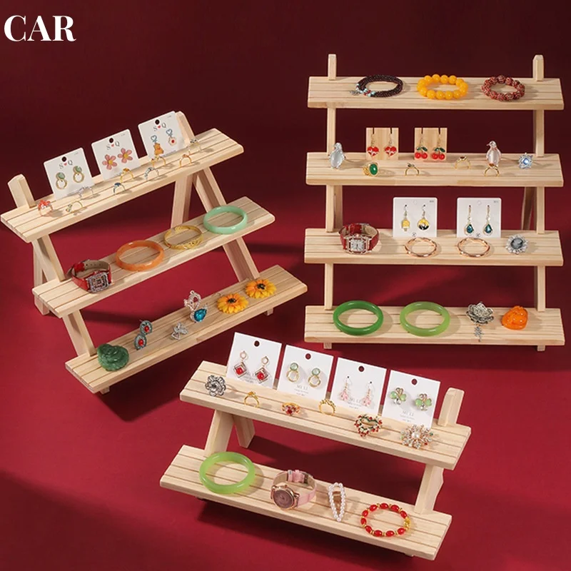 4-Tier Wooden Display Stand Riser Earring Ring Holder Detachable Unfinished Wood Retail Jewelry Card