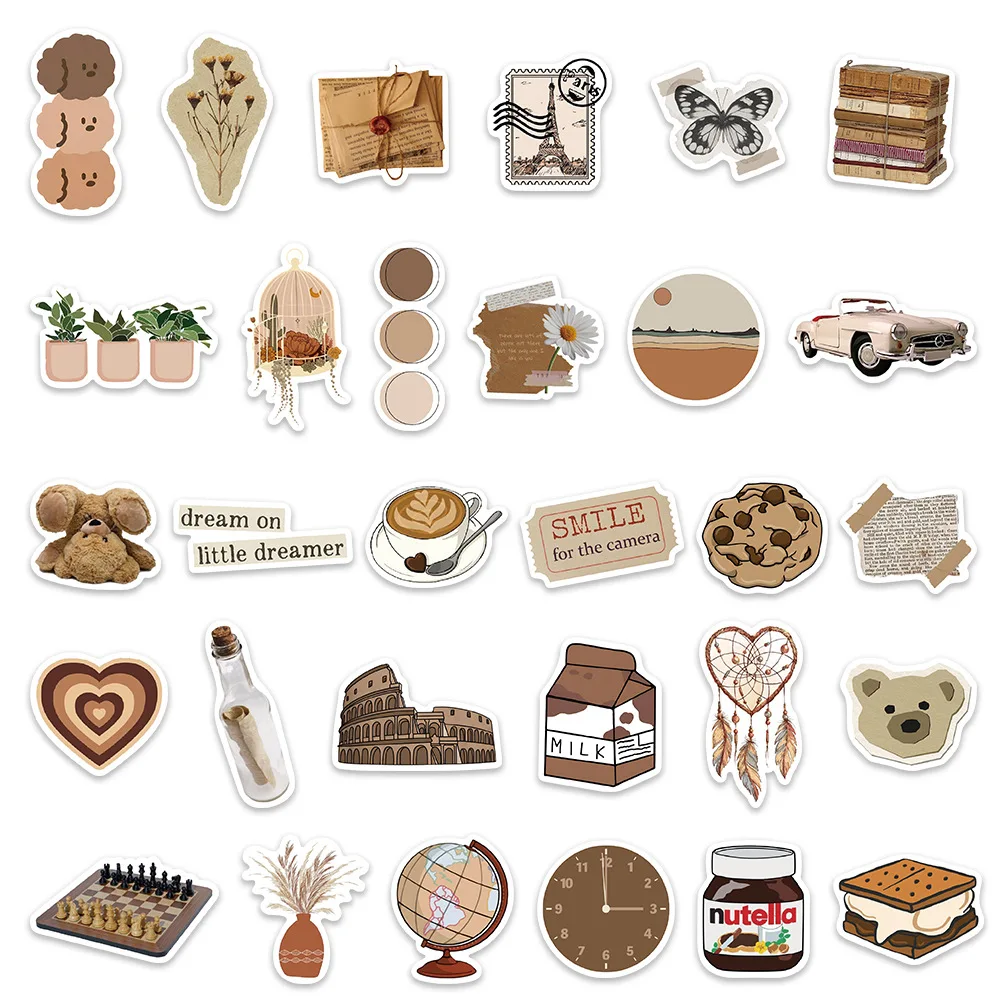 10/30/60PCS Vintage Brown Style Graffiti Stickers Decals Aesthetic Vsco PVC Classic Toy Gift DIY Suitcase Laptop Phone Notebook