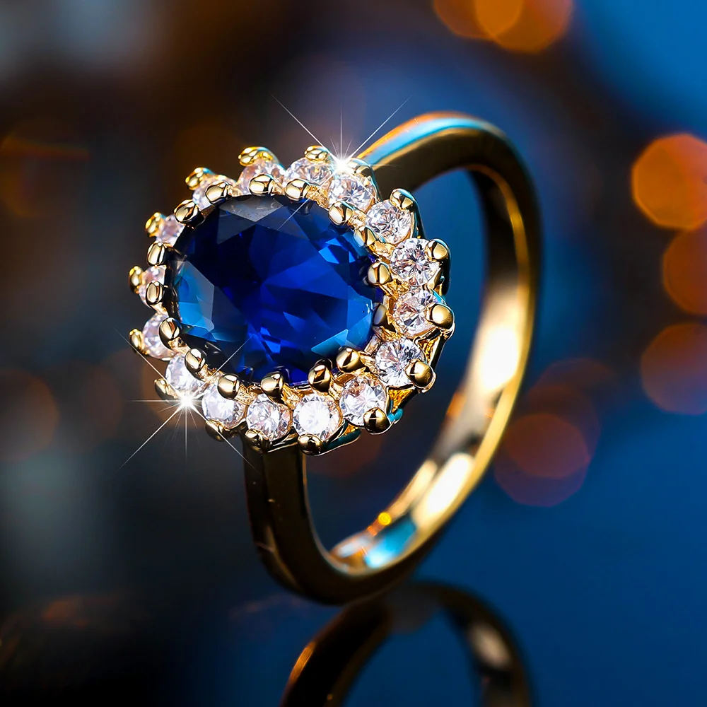 خاتم خطوبة من حجر الزركون البيضاوي للنساء ، الكريستال الأزرق ، المجوهرات العتيقة ، لون الذهب الأصفر ، الفخامة ، الإناث ، الزفاف