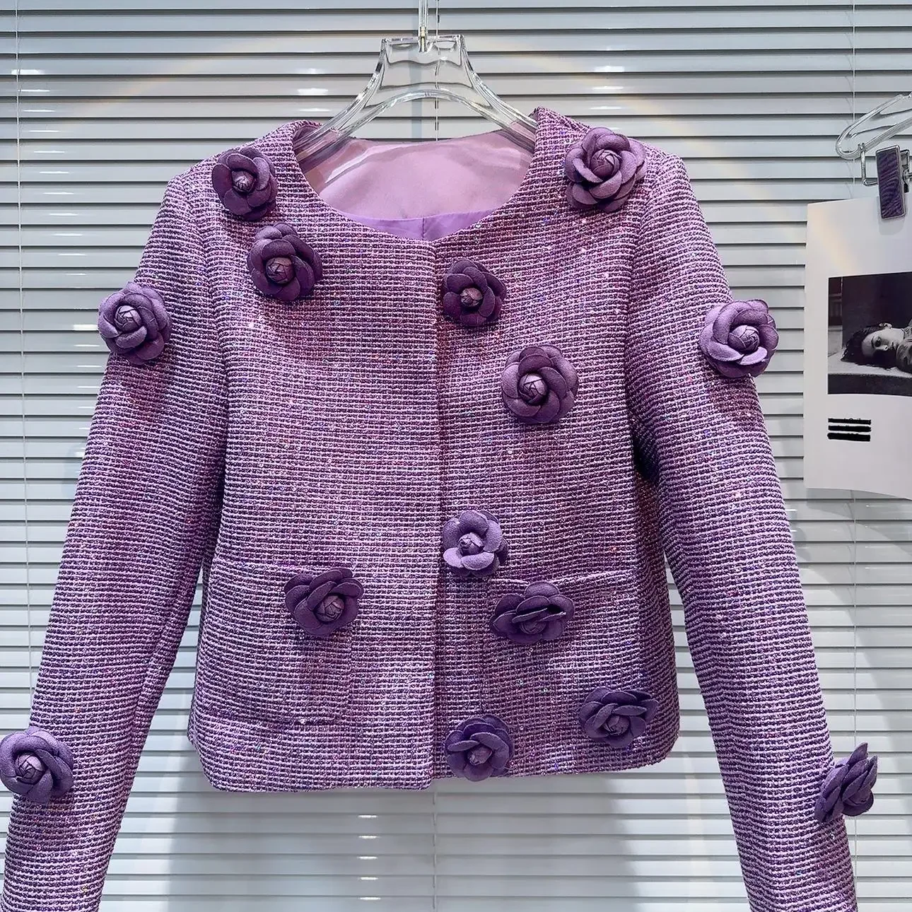 Purple Tweed Jacket Three Dimensional Flower Round Collar Long Sleeve Ladies Short Coat Retro 2024 Autumn Fashion Elegant