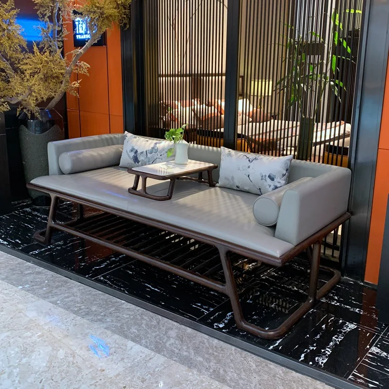 Chinese-style North American black walnut Arhat bed office leather double seat sofa Song-style aesthetic solid wood furniture