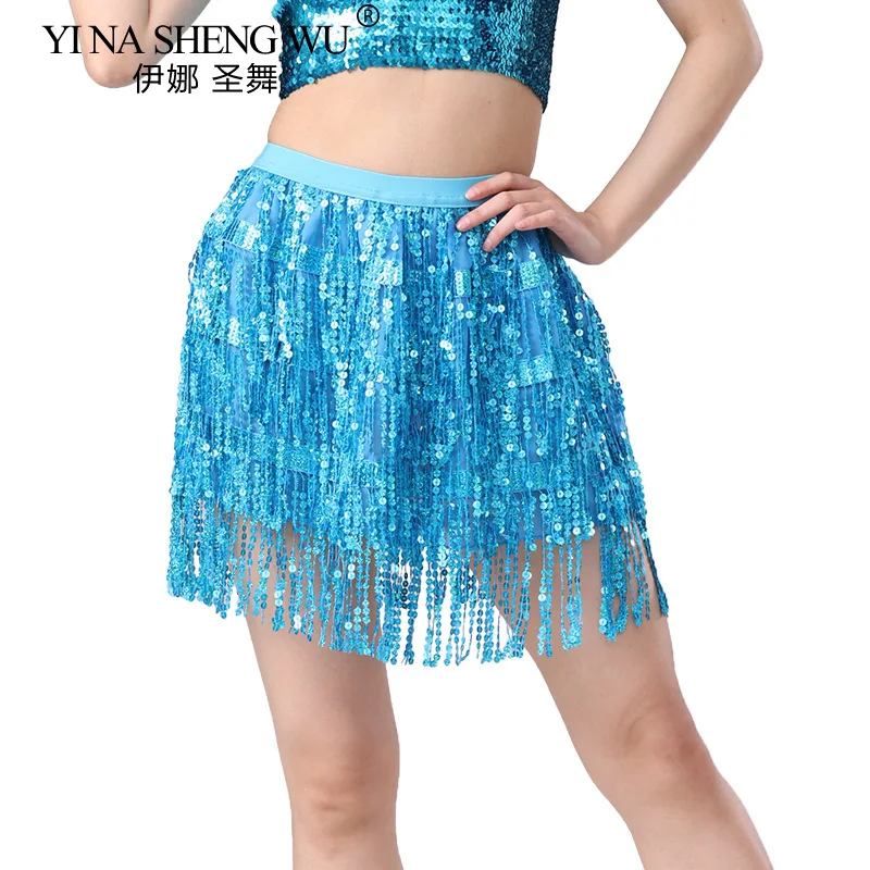 Sexy Women Belly Dance 4-layer Sequins Tassel Skirts Elegant Mid-rise Solid Slimming Skirt Latin Dance Stage Performance Outfits