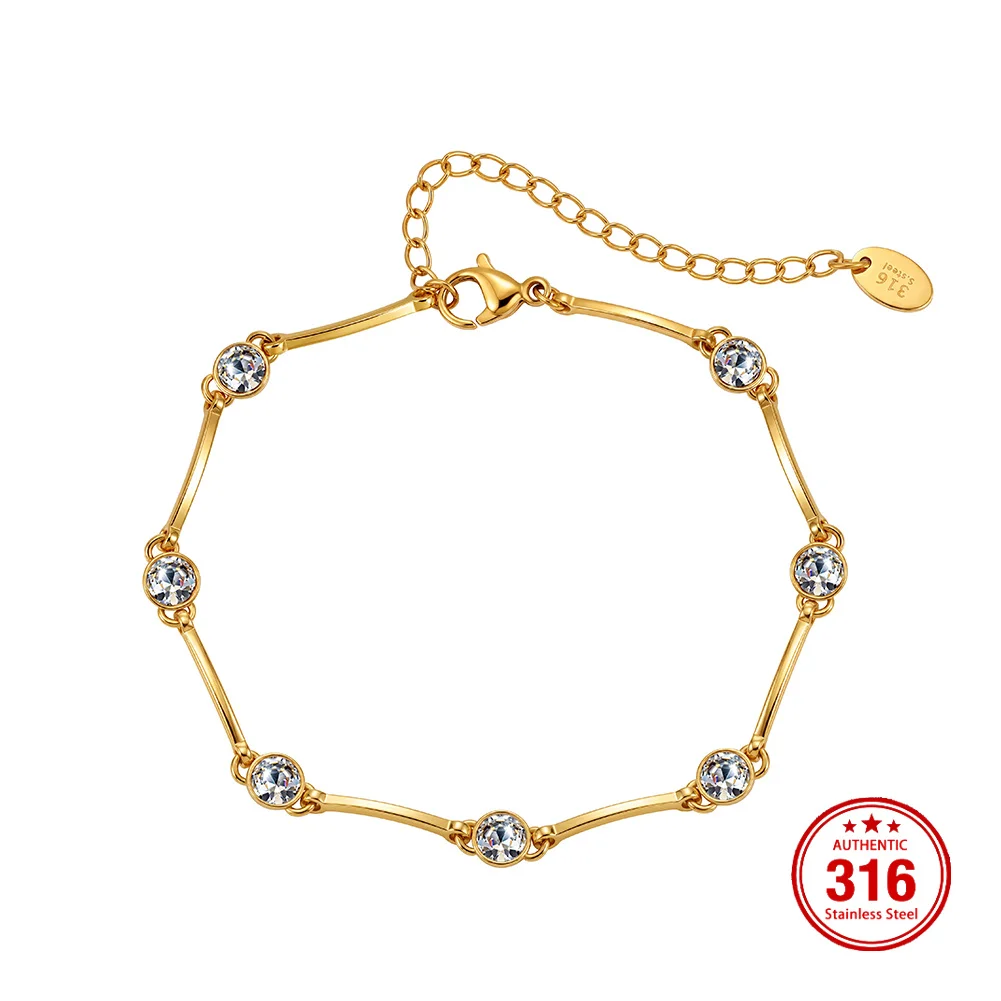 KISS MANDY Stainless Steel 18K Gold Plated CZ Bangle Bracelet For Women Wedding Charm Cubic Zirconia Link Chain Bracelet HTKB02