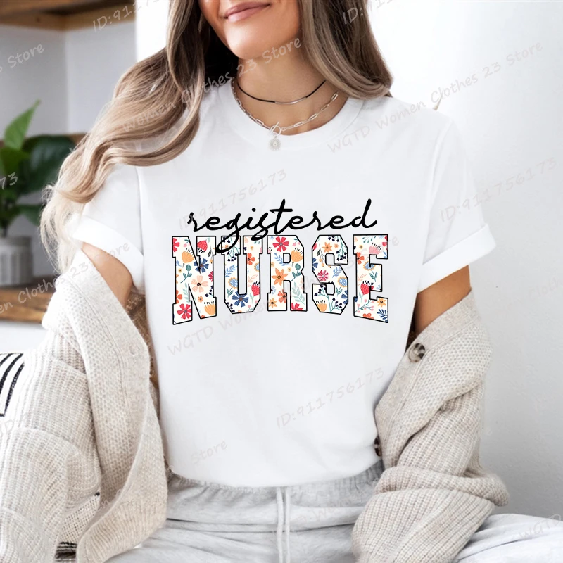 Registered Nurse Print T-shirts For Women Floral Nurse T-shirt Summer Casual Short Sleeve Graphic Tees RN Graduation Gift