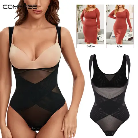 Women Sexy Mesh Cross Shapewear Patchwork Thong Comfortable Tummy Reducer Waist Slimmer Lingeries Bodysuit Hip Enhancer Corsets