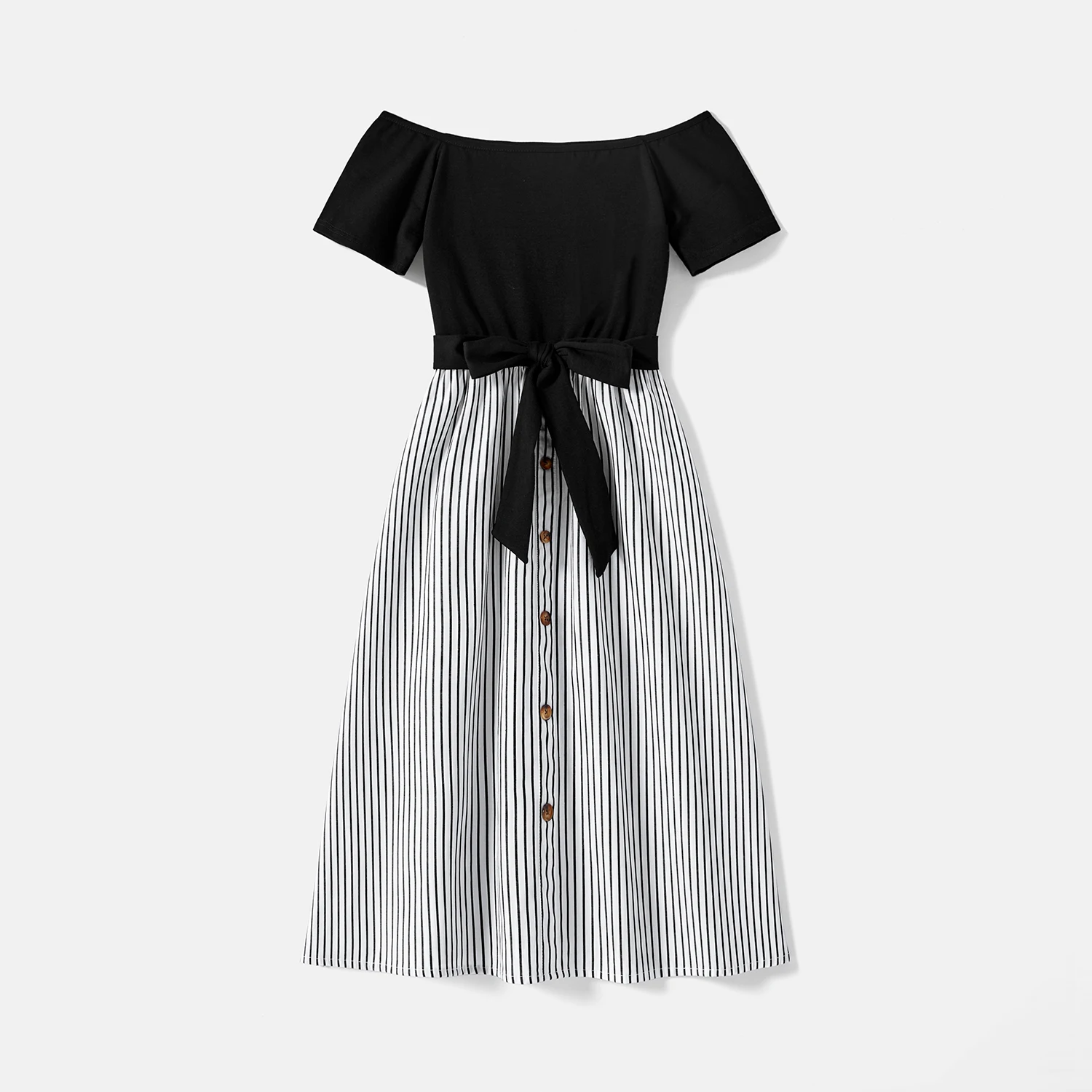 PatPat Family Matching Cotton Striped Short-sleeve T-shirts and Off Shoulder Belted Spliced Dresses Sets