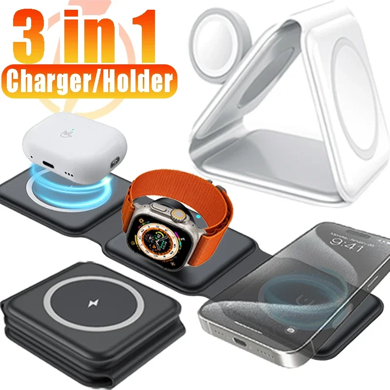 3-in-1 Wireless Charger Stands for iPhone 15 16 Pro Foldable Travel Charging Station For Apple Watch AirPods Pro Phone Holder