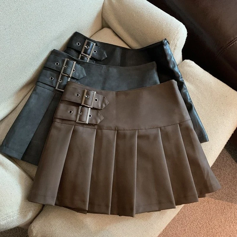 MEXZT S-3XL Y2K Pu Leather Mini Skirts Women Streetwear High Waist Pleated Skirt Vintage Korean Black Slim Casual A Line Skirts