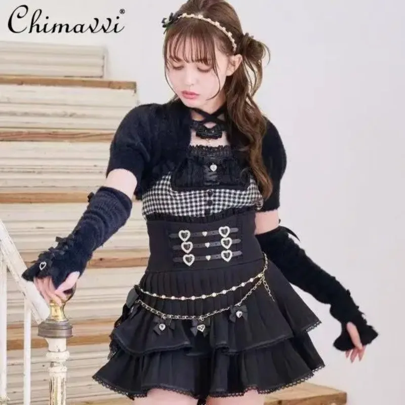 

Japanese Style Liz Pleated High Waist Chain Bow Heart Buckle Skirt 2025 New Sweet Girl Temperament Lolita Princess Mini Skirt