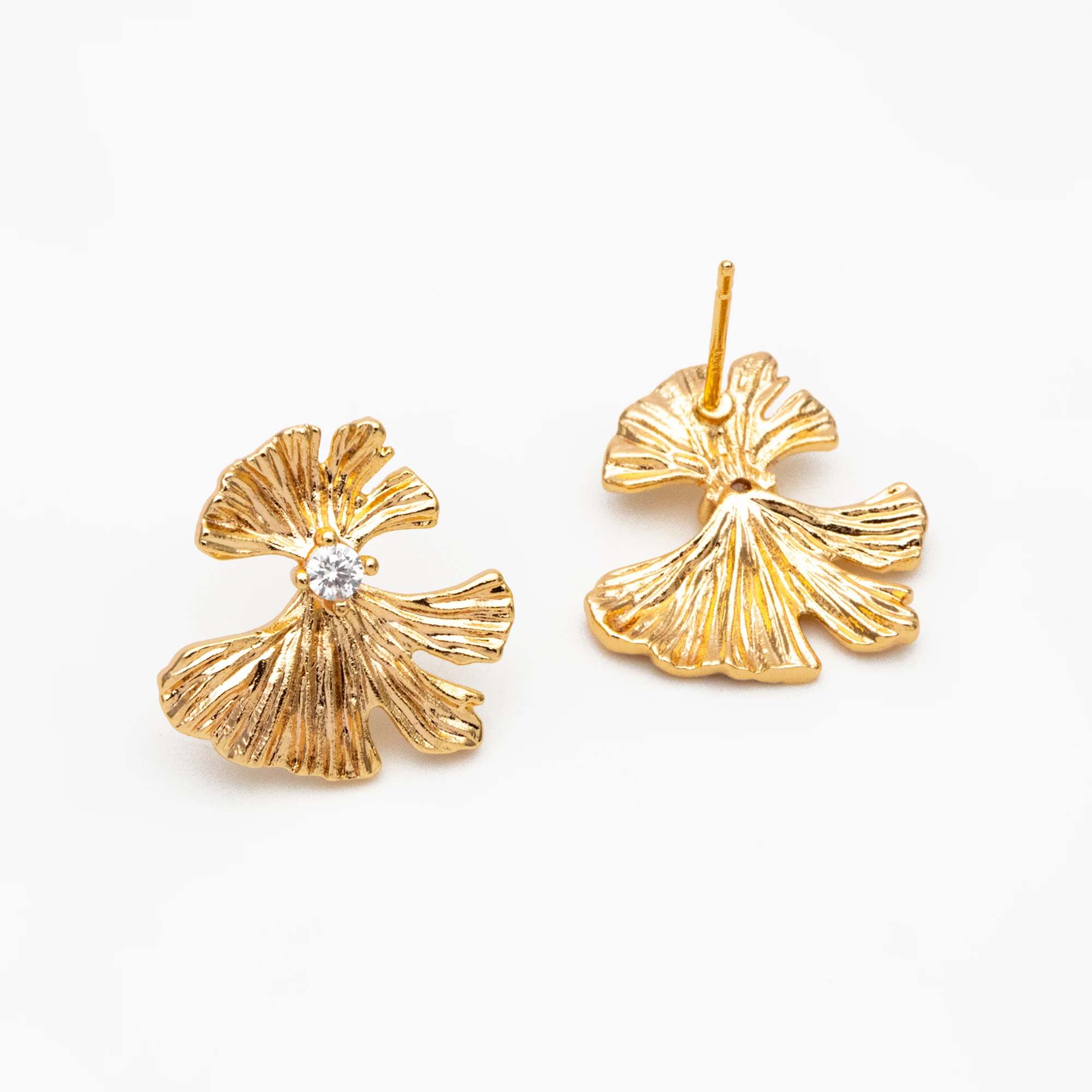 4pcs CZ Pave Gold Ginkgo Leaf Earrings 16mm, Gold Plated Brass Leaf Stud Earrings (GB-4225)