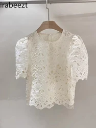 2024 Summer New Puffed Sleeve Solid Color Round Collar Flower Hollow-out Lace Shirt Casual White Blouse Woman Ladies Tops