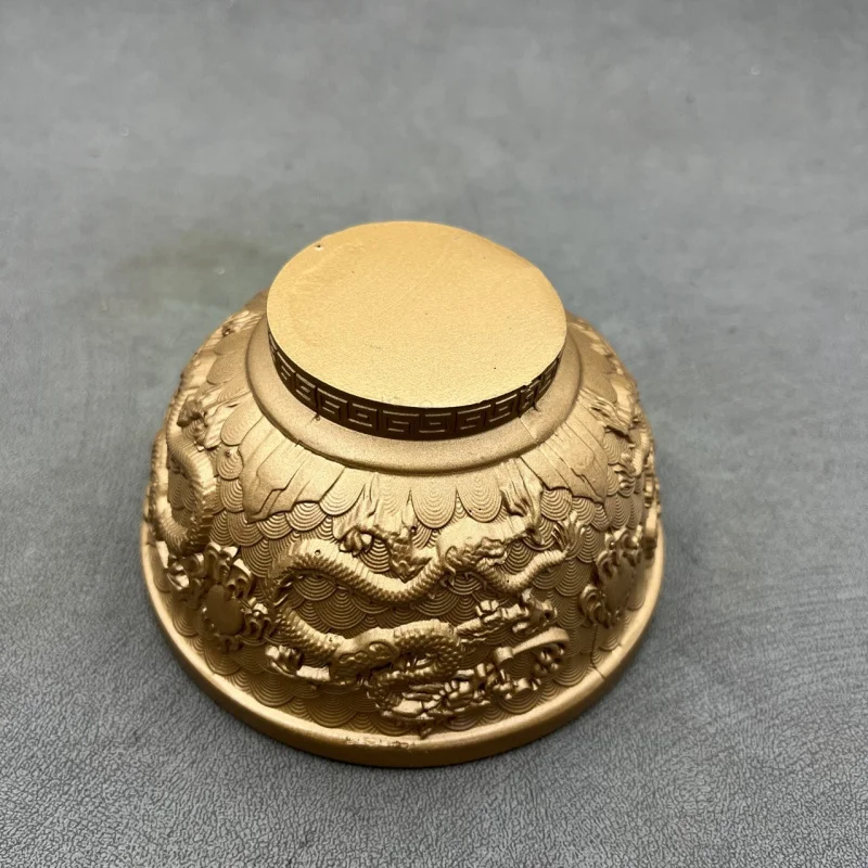 Antique Bronze Collectible Resin Craft: Gilt-Plated Relief Bowl with Double Dragons Playing with Pearls, Home Decor for Entryway