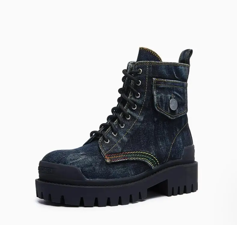 Popular Blue Denim Cloth Side Pocket Cover Motorcycle Boots Antiskid Thick Sole Jeans Round Toe Vintage Cowboy Boots Woman image 5