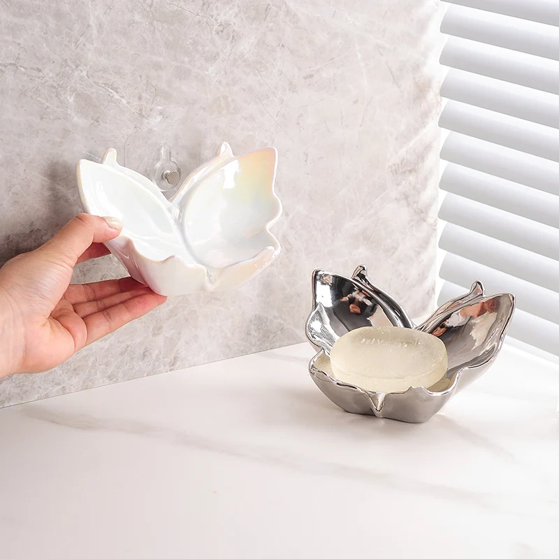 Ceramic Butterfly Soap Box with No Water Accumulation Wall Mounted Perforated Jewelry Storage Soap Dish Bathroom Bathroom