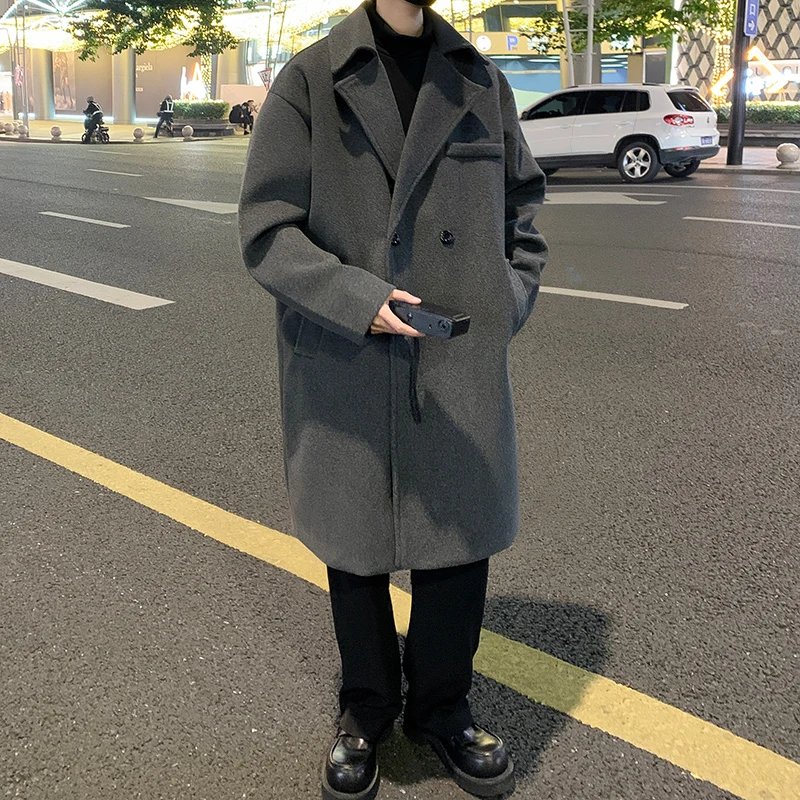 

Men's Mid-Length Woolen Coat Briti Sle Trendy Youth Casual Faion Double-Breasted Button-Up Pure Color Autumn Winter Jaet