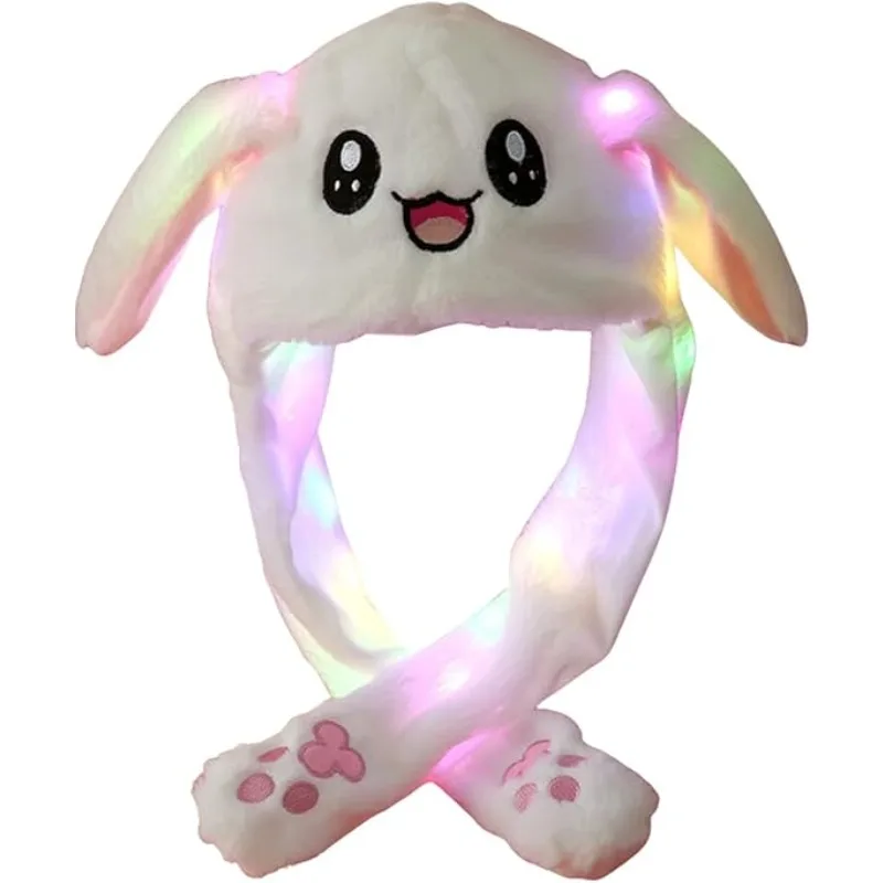 Czapka królicza z ruchomymi uszami i świecącymi diodami LED, urocza, miękka ozdoba na głowę dla kobiet i dziewcząt, idealna na święta, cosplay, imprezy, do noszenia na co dzień, do domu, zabawna, regulowana, wytrzymała.